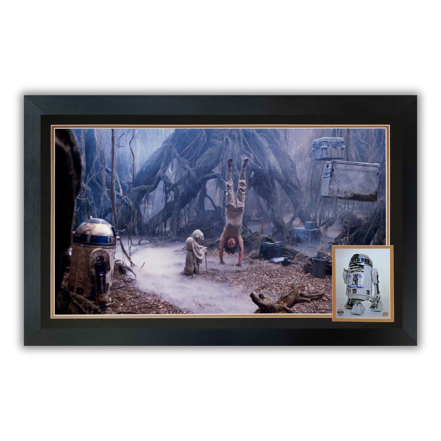 KENNY BAKER SIGNED R2-D2 & YODA DAGOBAH FRAMED  - STAR WARS COLLECTIBLE 38"X28"