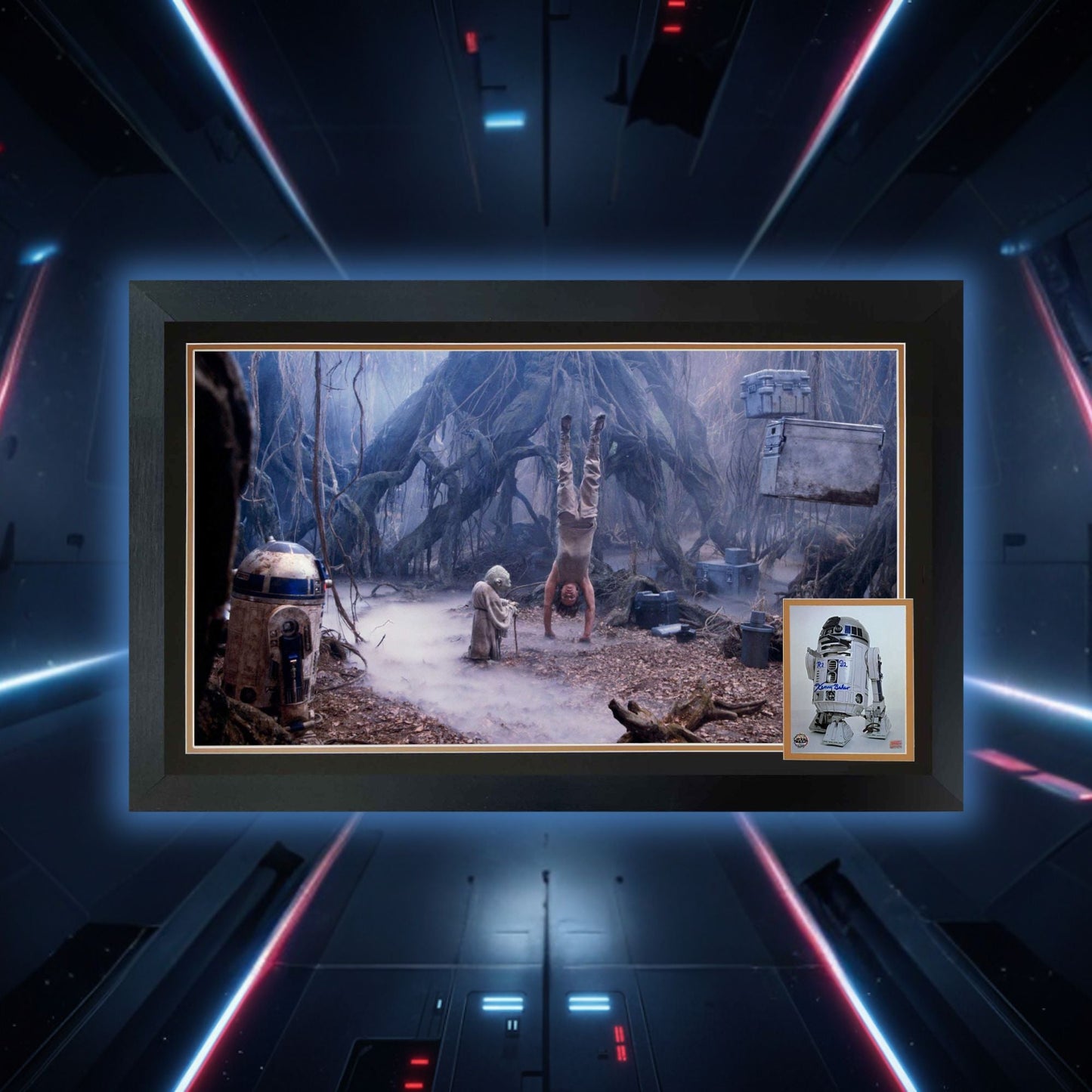 KENNY BAKER SIGNED R2-D2 & YODA DAGOBAH FRAMED  - STAR WARS COLLECTIBLE 38"X28"
