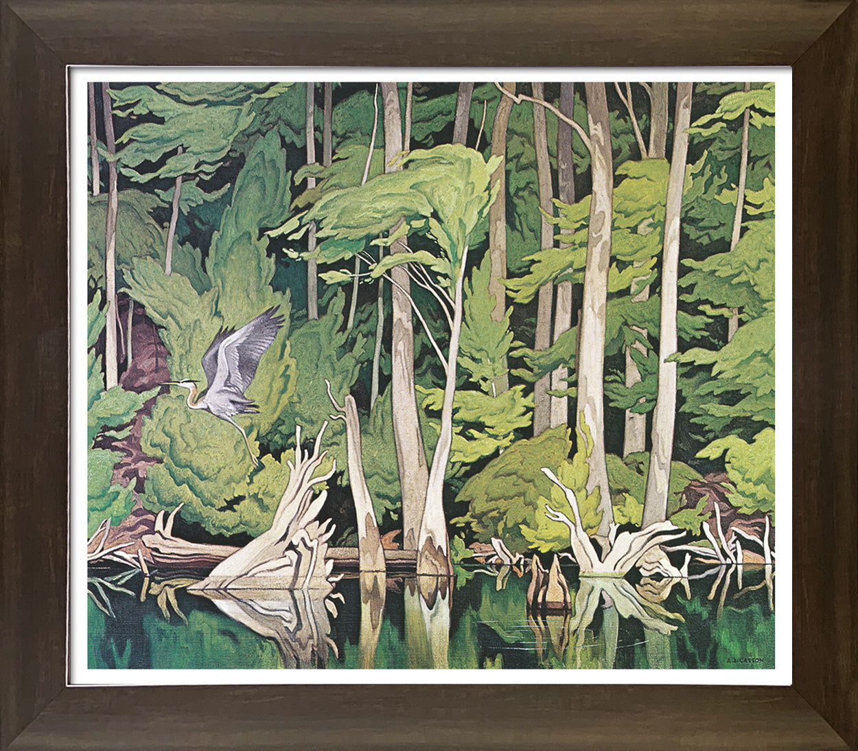 A.J. CASSON GROUP OF SEVEN "BLUE HERON" FRAMED ART PRINT  - 28"X24"