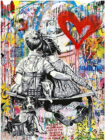 BANKSY: CUDDLES ON THE BENCH - WRAPPED CANVAS PRINT (32" BY 24")