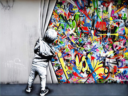 Banksy Opening the Curtain Street Art Canvas Print (33.5x23.5)