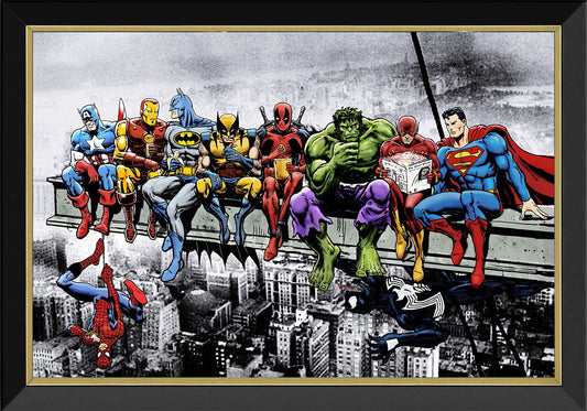 MARVEL & DC SUPERHEROES LUNCH ATOP A SKYSCRAPER - FRAMED ART REPRINT 33.5"X23.5"