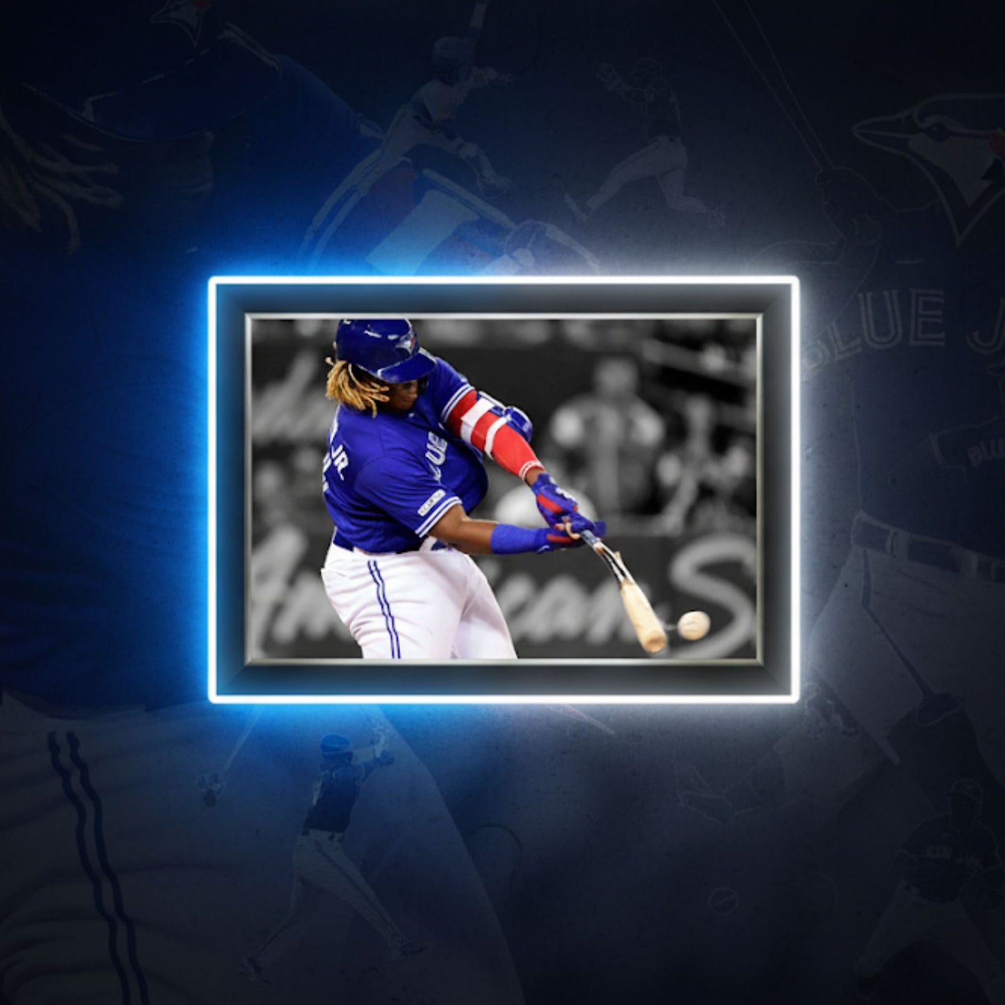 VLADIMIR GUERRERO JR. FRAMED CANVASBAT BREAKING HIT - TOR BLUE JAYS 33.5"X23.5"