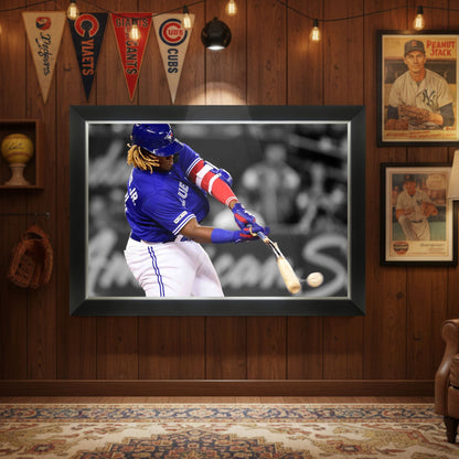 VLADIMIR GUERRERO JR. FRAMED CANVASBAT BREAKING HIT - TOR BLUE JAYS 33.5"X23.5"