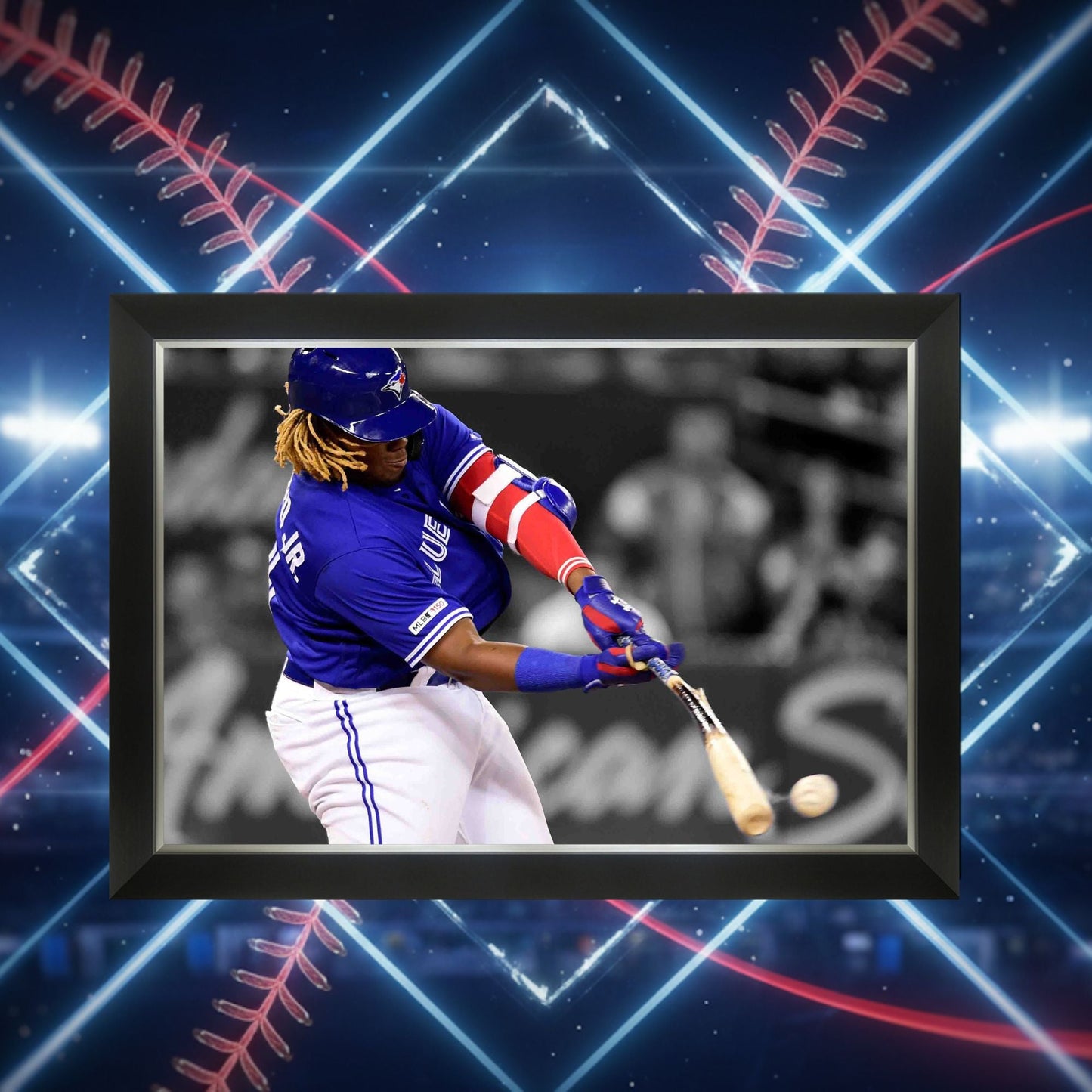 VLADIMIR GUERRERO JR. FRAMED CANVASBAT BREAKING HIT - TOR BLUE JAYS 33.5"X23.5"