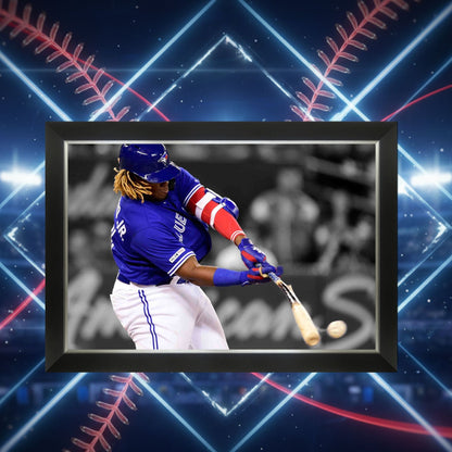 VLADIMIR GUERRERO JR. FRAMED CANVASBAT BREAKING HIT - TOR BLUE JAYS 33.5"X23.5"