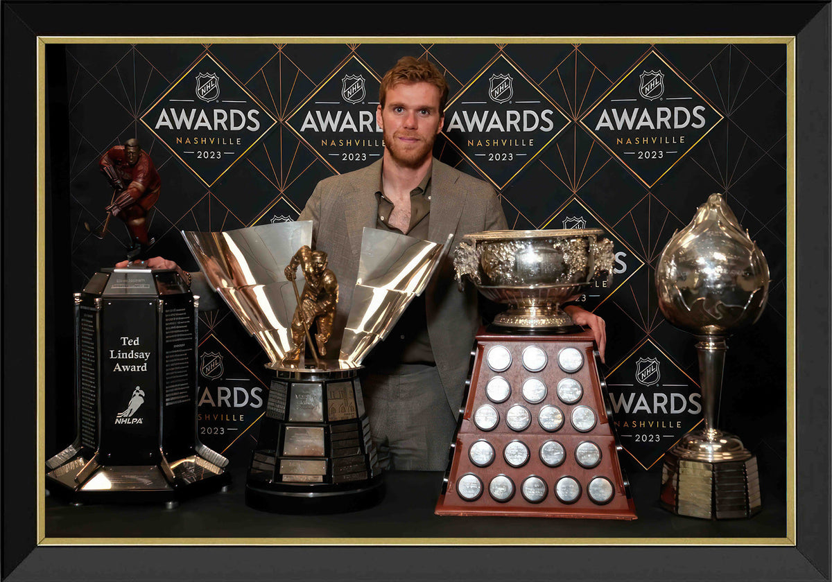 Connor McDavid NHL Trophy Wins Framed Canvas (33.5x23.5)