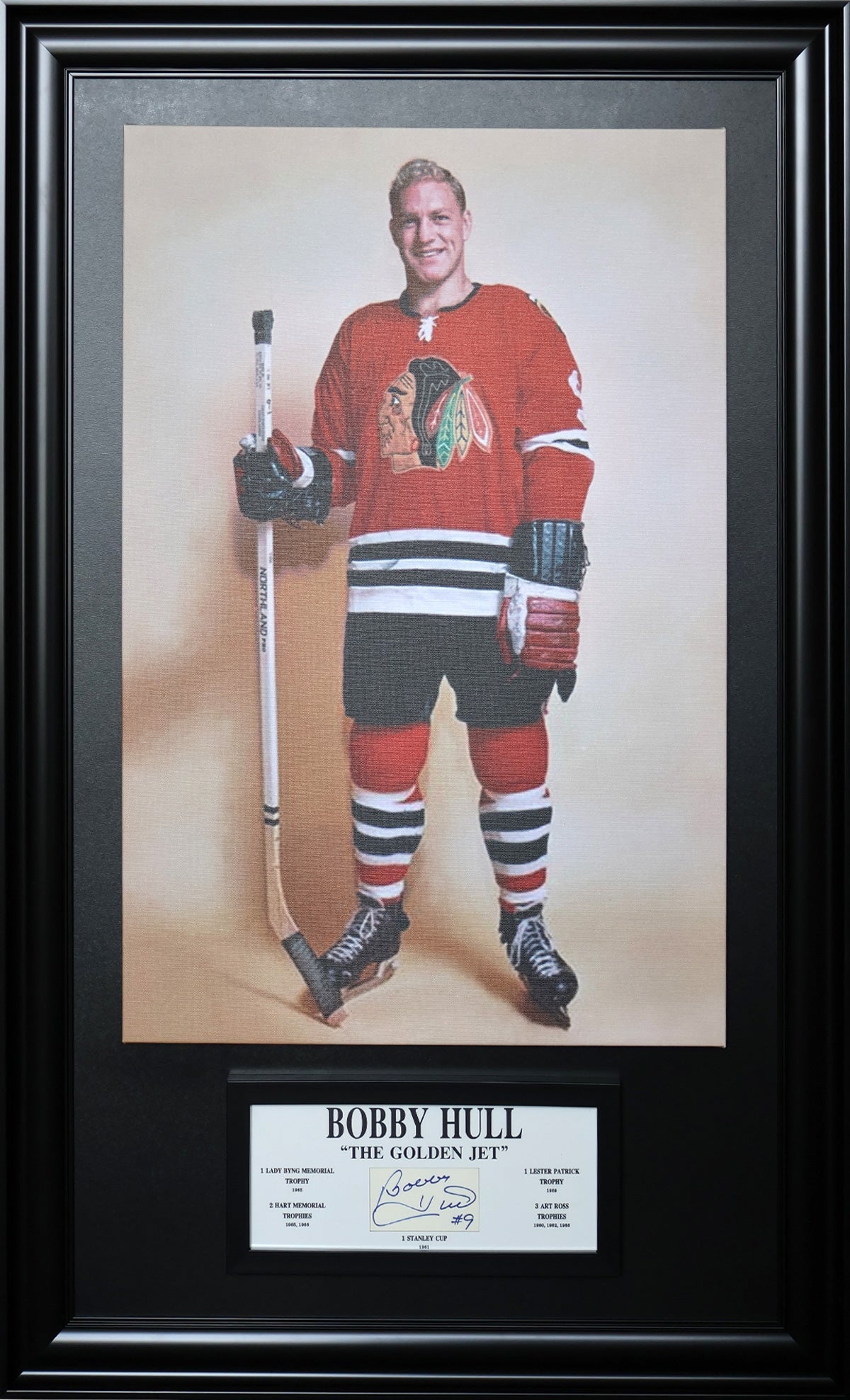 ALL TIME GREATS: BOBBY HULL SIGNATURE FRAMED PLAQUE & CANVAS (49.5" BY 29.5")