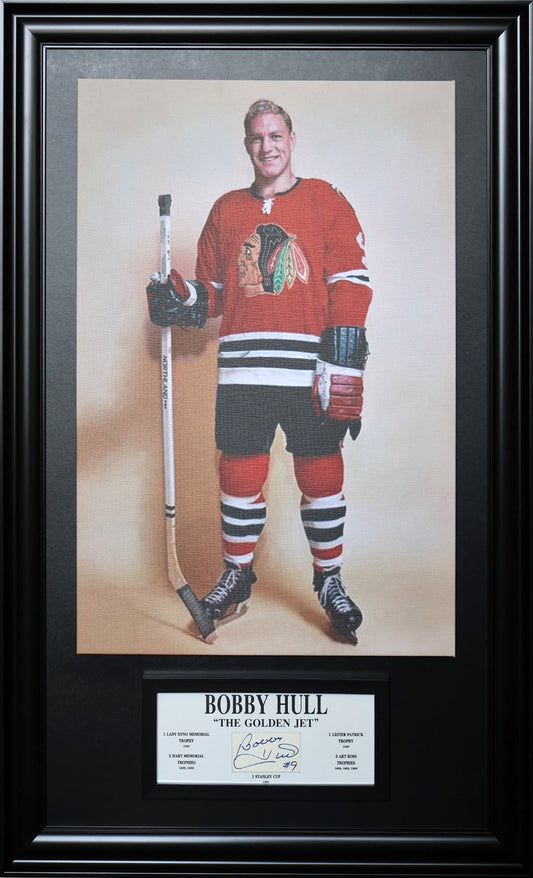 ALL TIME GREATS: BOBBY HULL SIGNATURE FRAMED PLAQUE & CANVAS (49.5" BY 29.5")