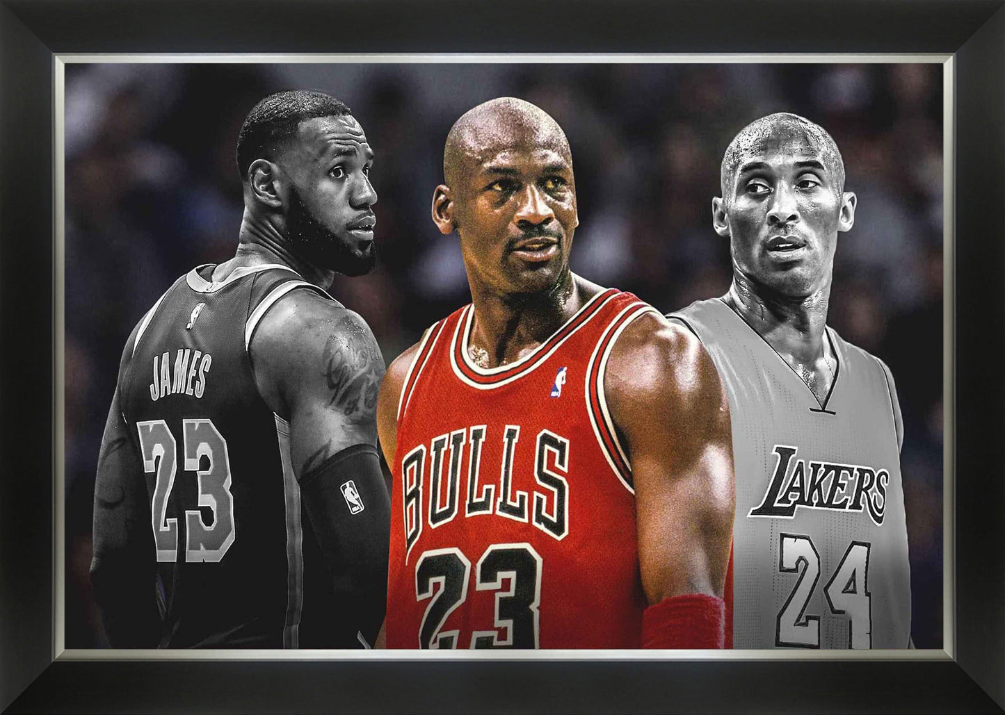 MICHAEL JORDAN, KOBE BRYANT & LEBRON JAMES FRAMED - 3 NBA LEGENDS 33.5"X23.5"