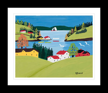 FRAMED ART PRINT BY MAUD LEWIS DIGBY HARBOUR FOLK ART PAINTING - FLAT STYLE MARITIME WALL DECOR 24 X 28 INCHES