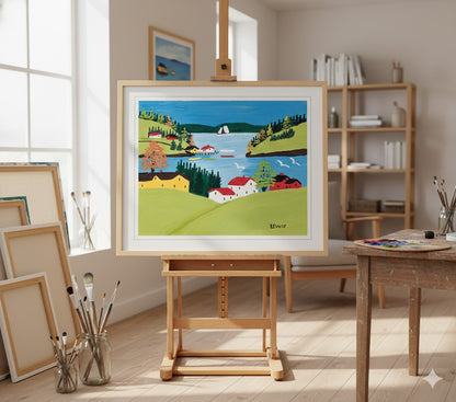 FRAMED ART PRINT BY MAUD LEWIS DIGBY HARBOUR FOLK ART PAINTING - FLAT STYLE MARITIME WALL DECOR 24 X 28 INCHES