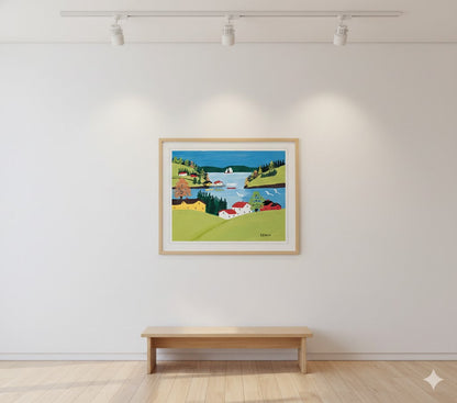 FRAMED ART PRINT BY MAUD LEWIS DIGBY HARBOUR FOLK ART PAINTING - FLAT STYLE MARITIME WALL DECOR 24 X 28 INCHES