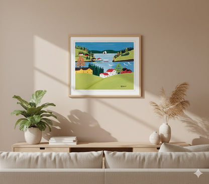 FRAMED ART PRINT BY MAUD LEWIS DIGBY HARBOUR FOLK ART PAINTING - FLAT STYLE MARITIME WALL DECOR 24 X 28 INCHES