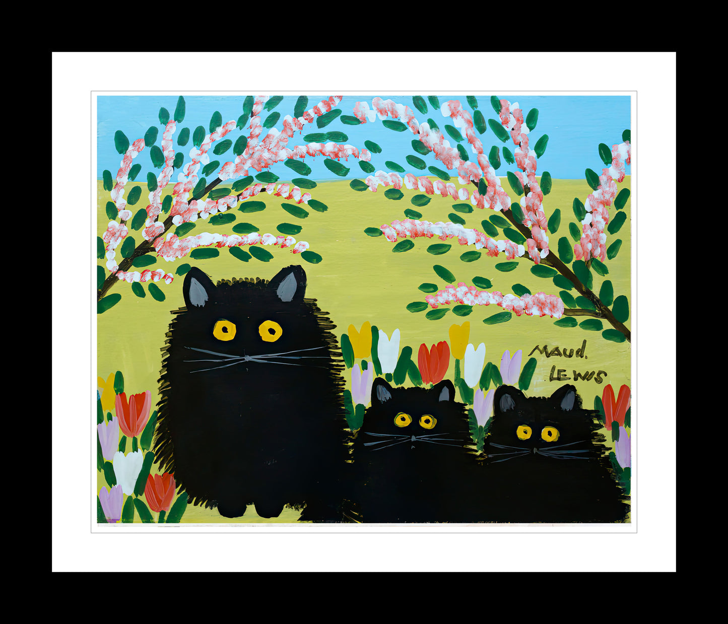 FRAMED ART PRINT BY MAUD LEWIS THREE BLACK CATS FOLK ART PAINTING - FLAT STYLE WALL DECOR 24 X 28 INCHES