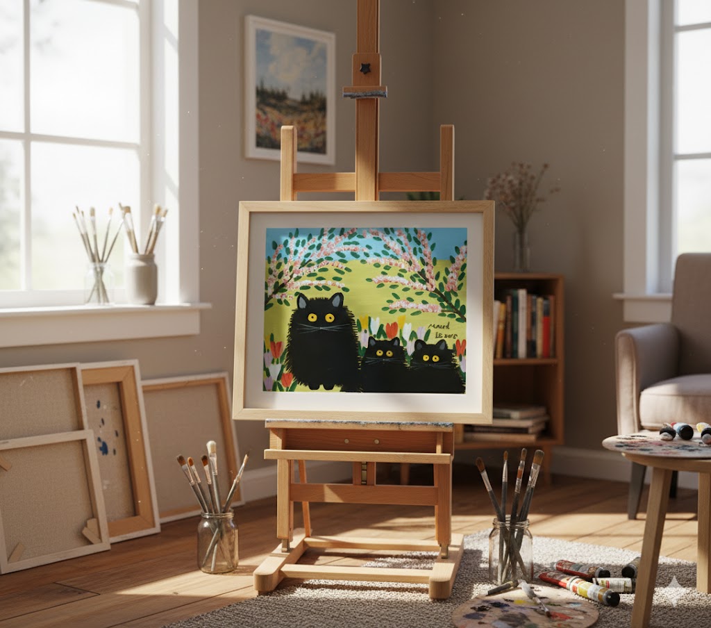 FRAMED ART PRINT BY MAUD LEWIS THREE BLACK CATS FOLK ART PAINTING - FLAT STYLE WALL DECOR 24 X 28 INCHES