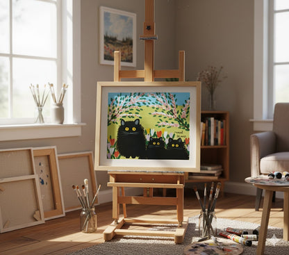 FRAMED ART PRINT BY MAUD LEWIS THREE BLACK CATS FOLK ART PAINTING - FLAT STYLE WALL DECOR 24 X 28 INCHES