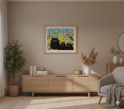 FRAMED ART PRINT BY MAUD LEWIS THREE BLACK CATS FOLK ART PAINTING - FLAT STYLE WALL DECOR 24 X 28 INCHES