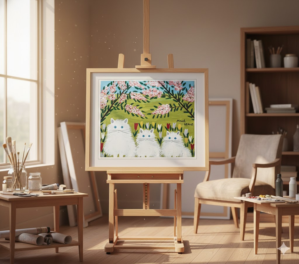Maud Lewis “Three White Cats” Folk Art Framed Print (24x28)