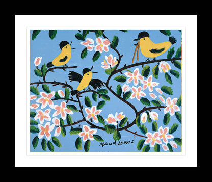 FRAMED ART PRINT BY MAUD LEWIS YELLOW BIRDS FOLK ART PAINTING - FLAT STYLE WALL DECOR 24 X 28 INCHES