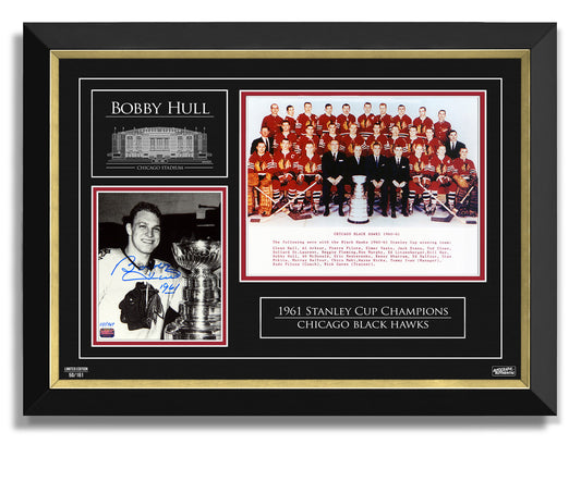 BOBBY HULL AUTOGRAPHE COUPE STANLEY 1961 - ÉDITION LIMITÉE 161 - DOUBLE PHOTO (27" X 18")