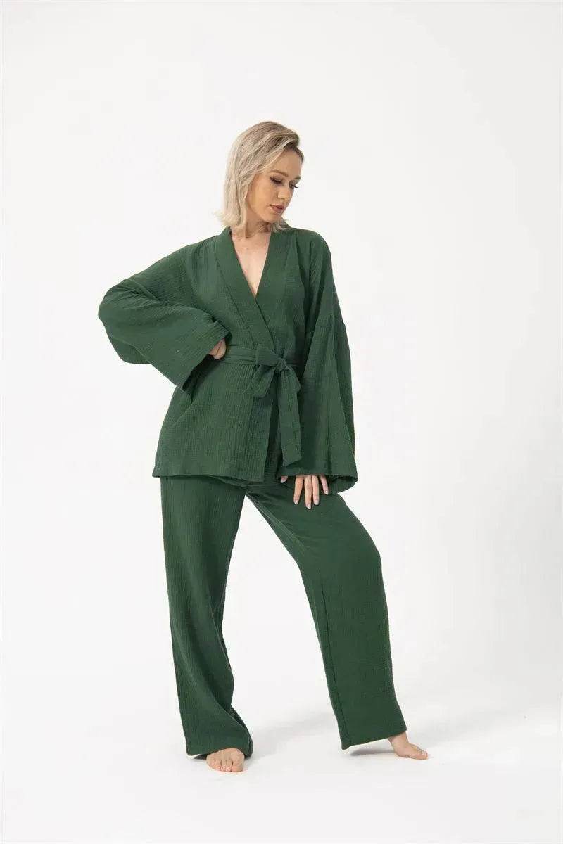 French Loose Kimono Jacket Trousers Double Gauze Ladies  Loungewear Outfit set