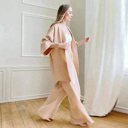 French Loose Kimono Jacket Trousers Double Gauze Ladies  Loungewear Outfit set