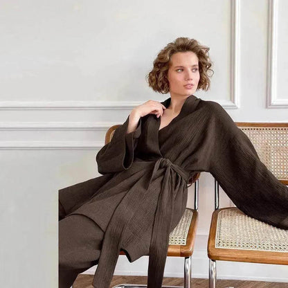French Loose Kimono Jacket Trousers Double Gauze Ladies  Loungewear Outfit set