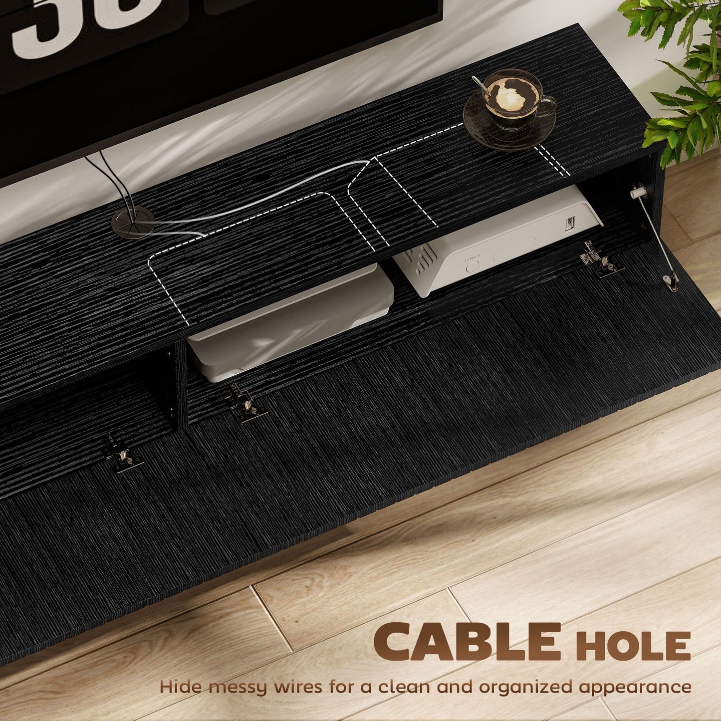 Jesse 55" Floating TV Stand with 2 Fluted Flip-Down Doors for TVs up to 72"-Black