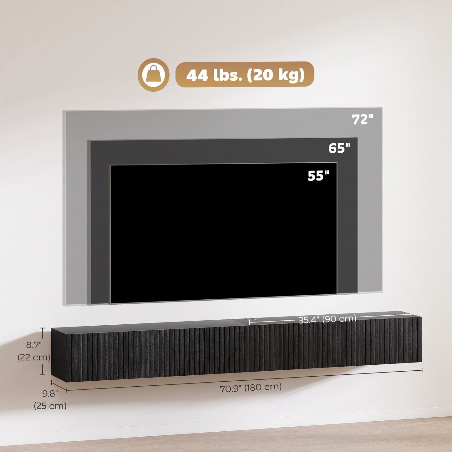 Jesse 71" Floating TV Stand with 2 Fluted Flip-Down Doors for TVs up to 75"-Black