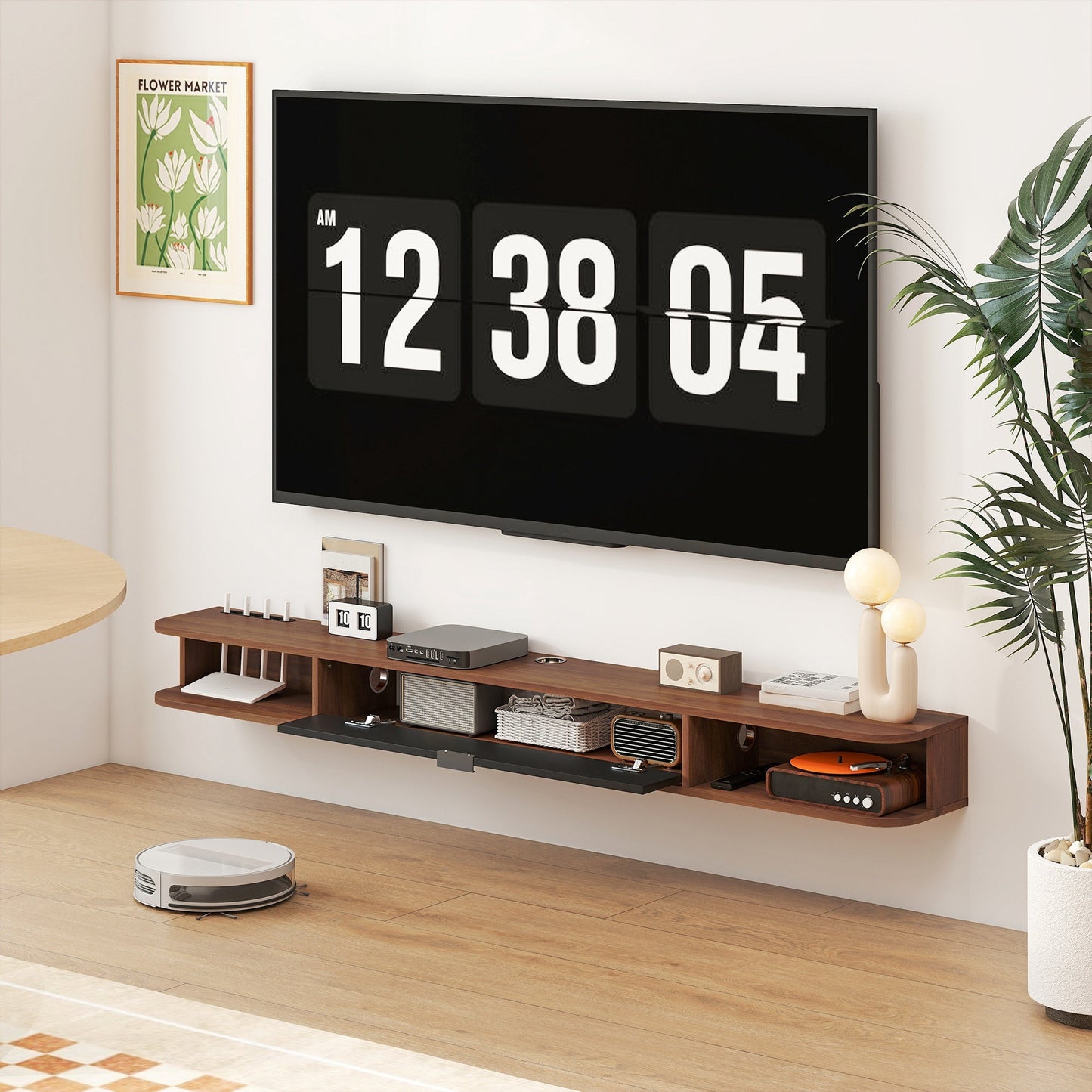 Lennox Floating TV Stand for TVs up to 75" with Flip Drawer-Walnut