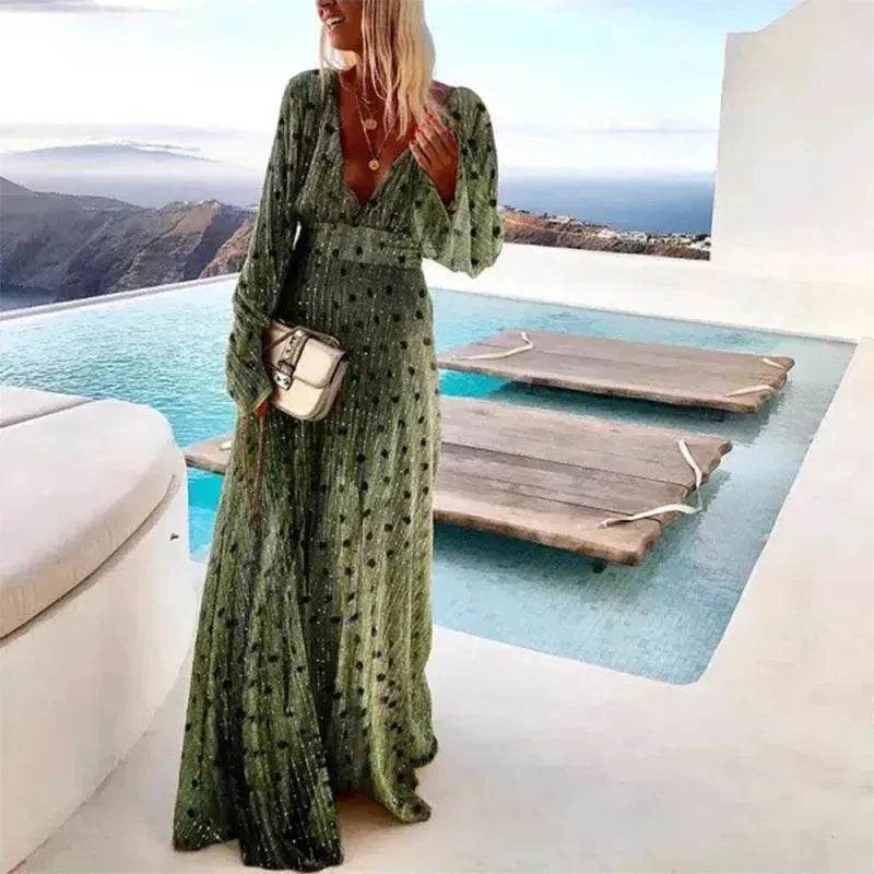 Robe trapèze décolletée en V profond à imprimé pois dégradé vert et tempérament mode