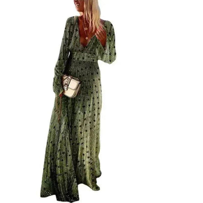Robe trapèze décolletée en V profond à imprimé pois dégradé vert et tempérament mode
