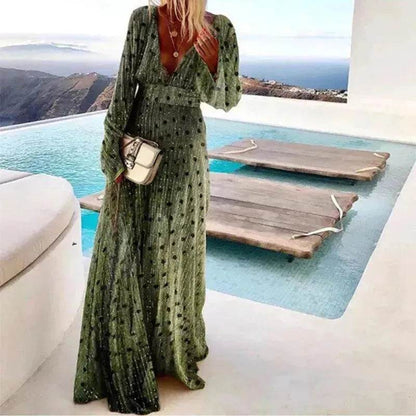 Robe trapèze décolletée en V profond à imprimé pois dégradé vert et tempérament mode