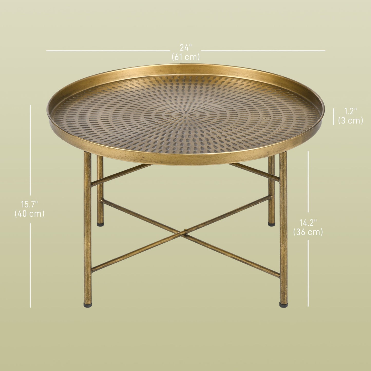 Dessie 24" Vintage Coffee Table with Hammered Tray Top and Metal Frame-Gold