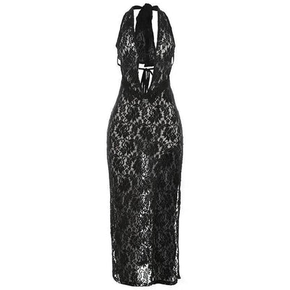 Robe ajustée sans manches dos nu à encolure en V profond, ajourée, fendue et taille haute