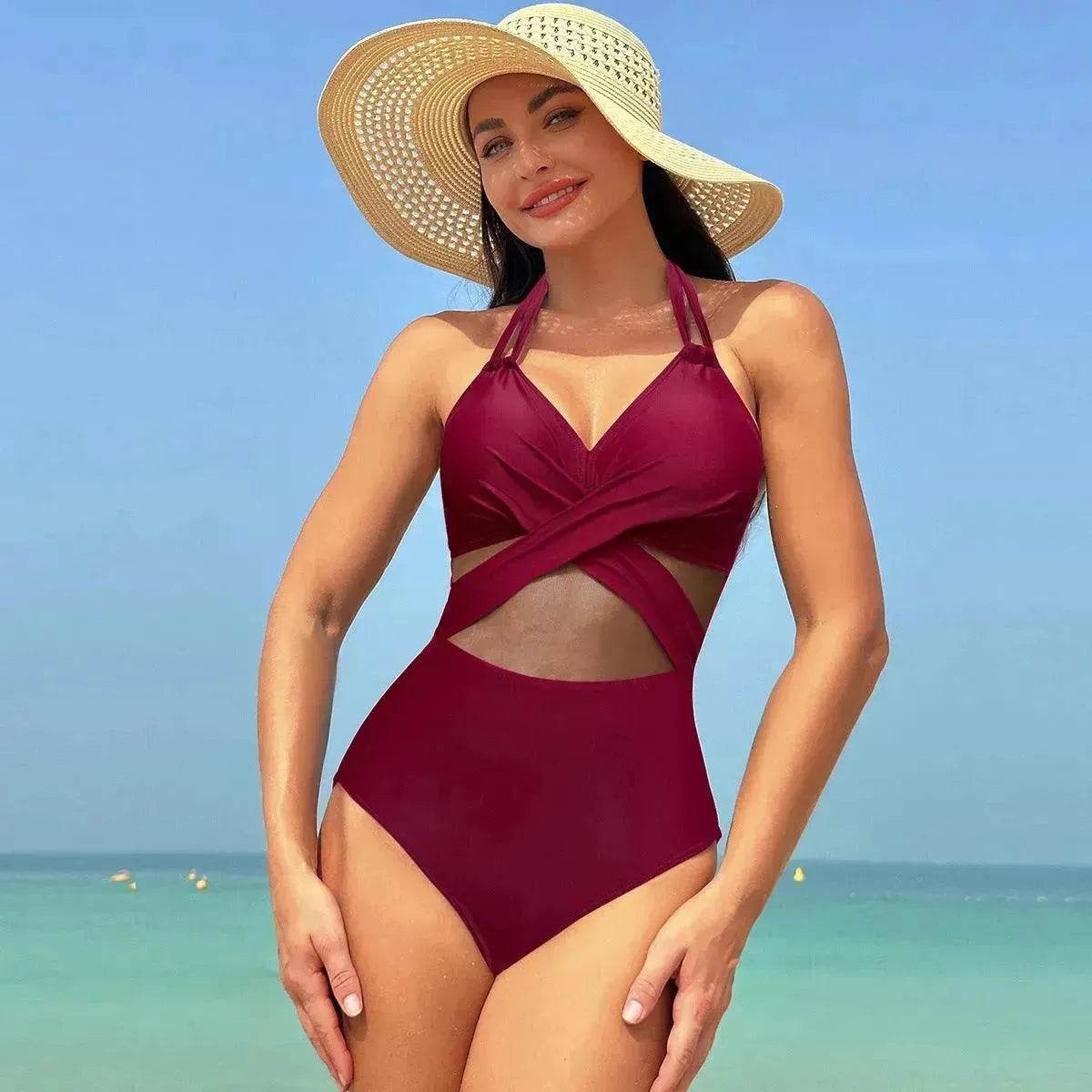 Halter neck One piece Swimsuit Summer Bikini Beach Solid Color Cross-strap Design Mesh