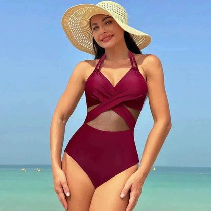 Halter neck One piece Swimsuit Summer Bikini Beach Solid Color Cross-strap Design Mesh
