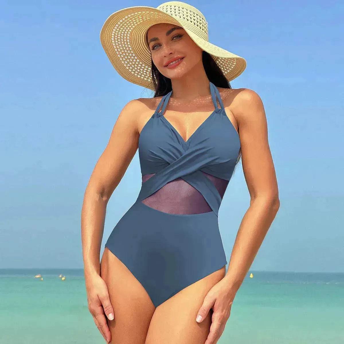 Halter neck One piece Swimsuit Summer Bikini Beach Solid Color Cross-strap Design Mesh