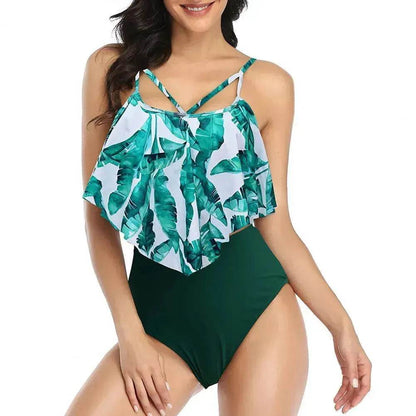 High Waist Split Swimsuit with Double Layer Lotus Leaf Design