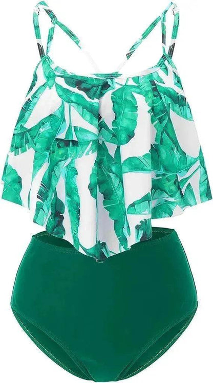 High Waist Split Swimsuit with Double Layer Lotus Leaf Design