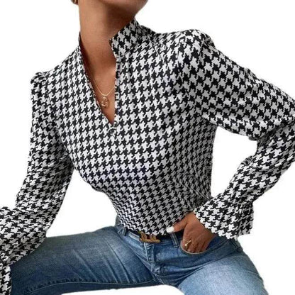 Haut à manches longues col en V pied-de-poule pour femme