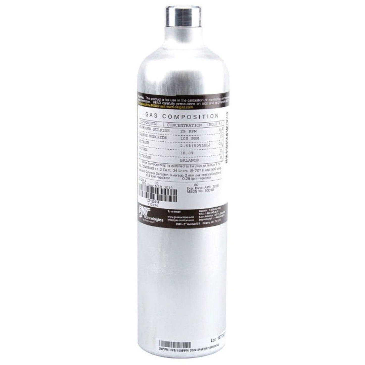 Calibration Testing Gas Cylinder, 4 Gas Mix, CH4/CO/H2S/O2, 58 Litres
