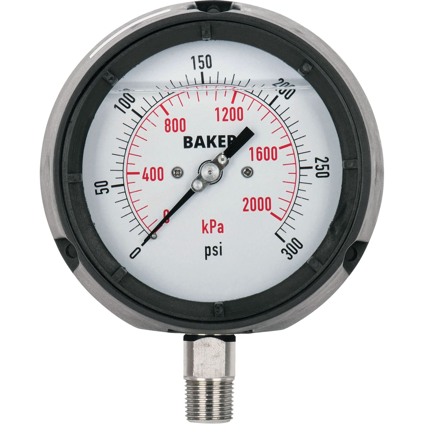 Pressure Gauge, 4-1/2" , 0 - 15 psi/0 - 100 kPa, Bottom Mount, Liquid Filled Analogue