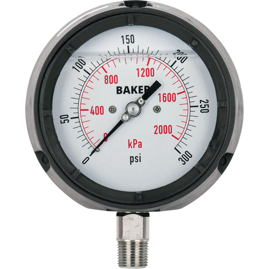 Pressure Gauge, 4-1/2" , 0 - 15 psi/0 - 100 kPa, Bottom Mount, Liquid Filled Analogue
