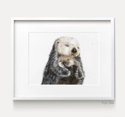 Baby Sea Otter and Mom Wall Art Print