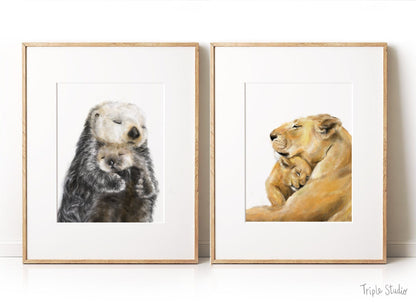 Baby Sea Otter and Mom Wall Art Print