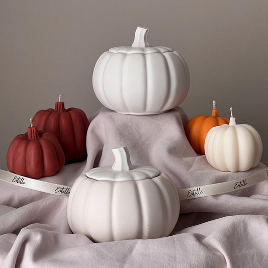 Bougie en cire de soja pot citrouille : Récipient en Jesmonite fait main, Senteur d'automne