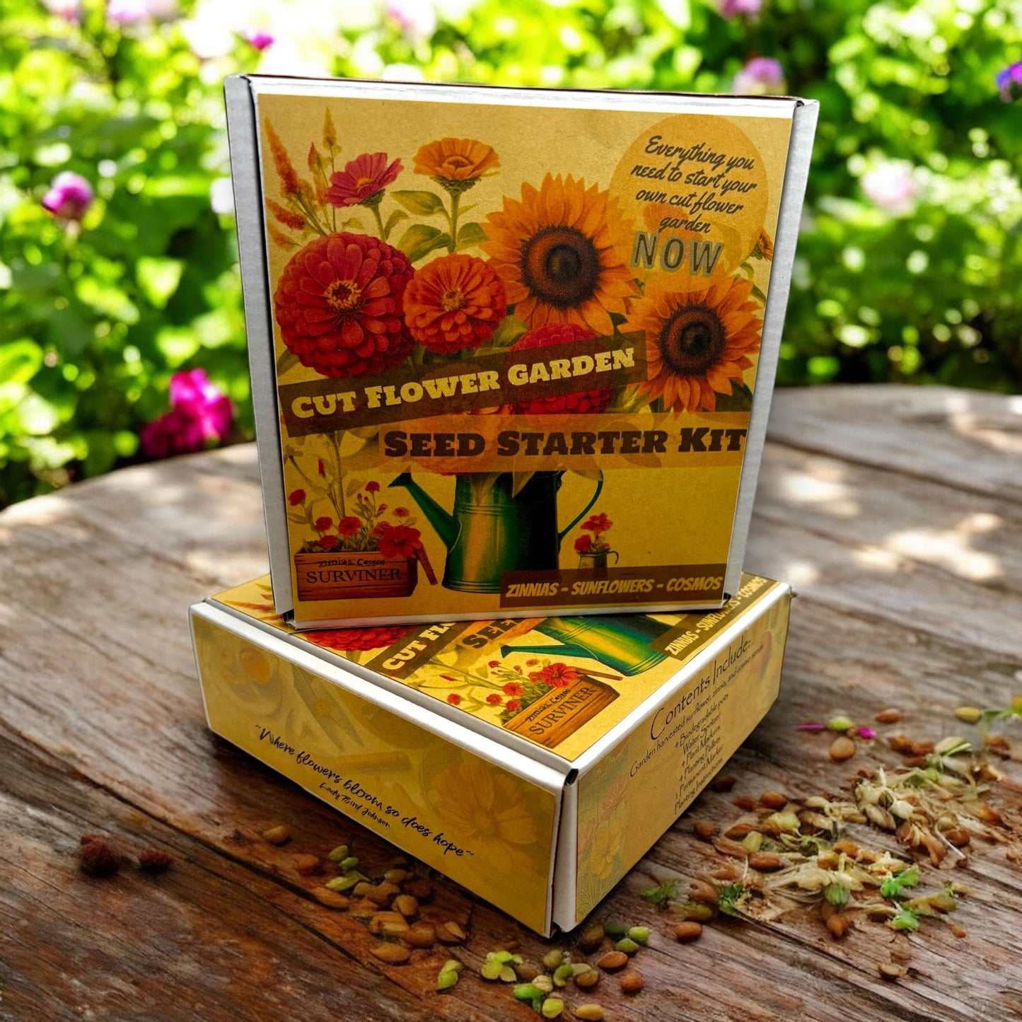 Kit - Flower Garden Starter Kit with Zinnia, Cosmo, and Sunflower seeds