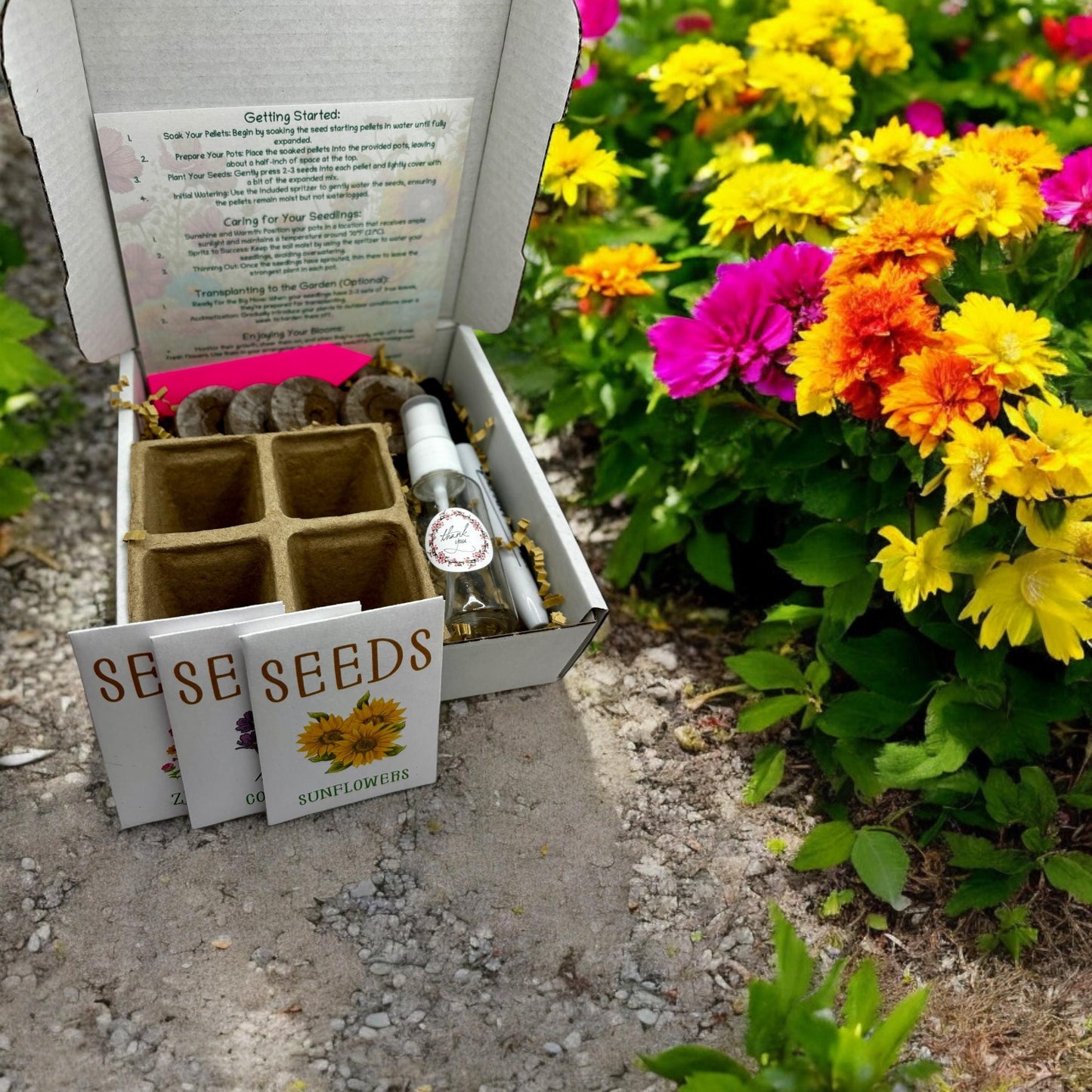 Kit - Flower Garden Starter Kit with Zinnia, Cosmo, and Sunflower seeds